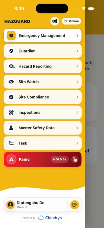Updated HazGuard navigation with Guardian, Site Watch, announcements, tasks, and panic alert