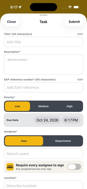 Task form with priority, due date, assignment, and sign-off controls